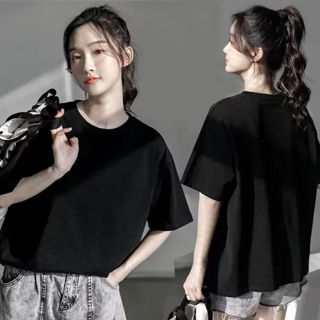 黑色T恤女短袖纯棉2025新款夏季韩版宽松粉红豹印花半袖上衣ins潮商品大图