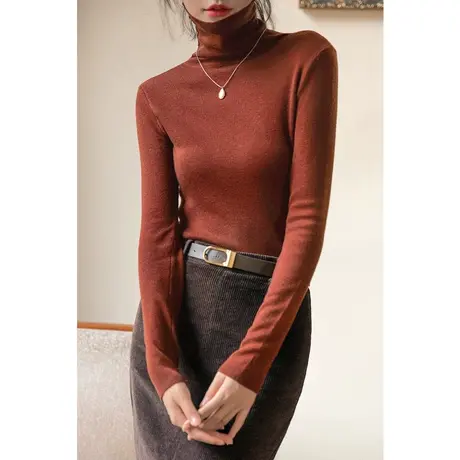 弥古高领针织衫修身百搭堆堆领毛衣打底衫女春秋大衣内搭上衣显瘦商品大图