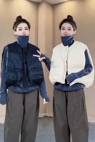 韩系休闲圆领羽绒马甲女宽松显瘦廓形蓬松保暖无袖白鸭绒背心外套商品大图