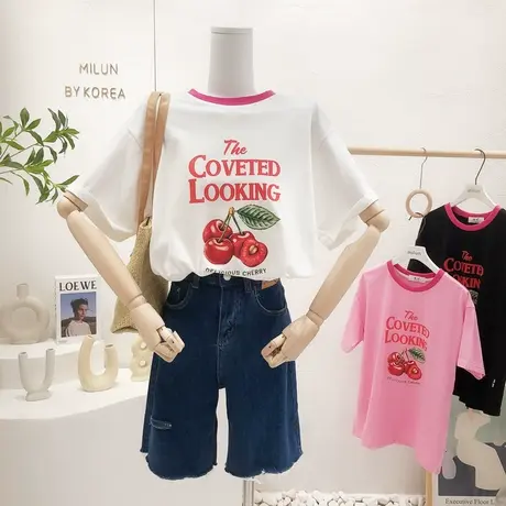 小众设计感短袖2022夏新款韩国东大门ins樱桃撞色上衣T恤法式甜美图片