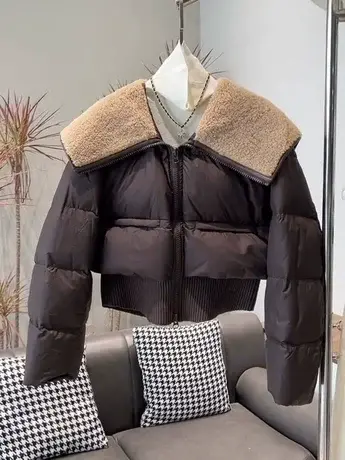 2023冬季新款白鸭绒披肩翻领面包服时尚外套纯色拉链羽绒服ins女图片