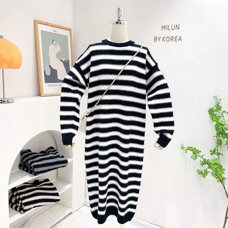 韩国东大门针织长款连衣裙秋冬款百搭条纹过膝及裸毛衣裙保暖加厚图片