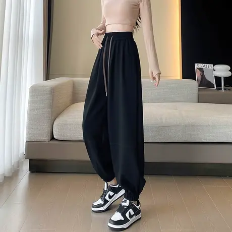 黑色美式运动裤女春秋2024新款小个子宽松束脚灯笼裤高腰休闲卫裤商品大图