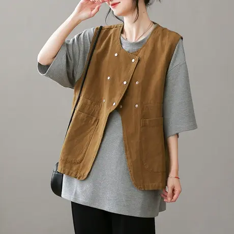 dza 复古短款纯棉工装马甲女士2023春季外搭马夹上衣休闲V领背心图片