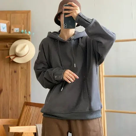 dza 复古宽松短款连帽加绒卫衣外套女士秋冬休闲百搭加厚纯棉上衣商品大图