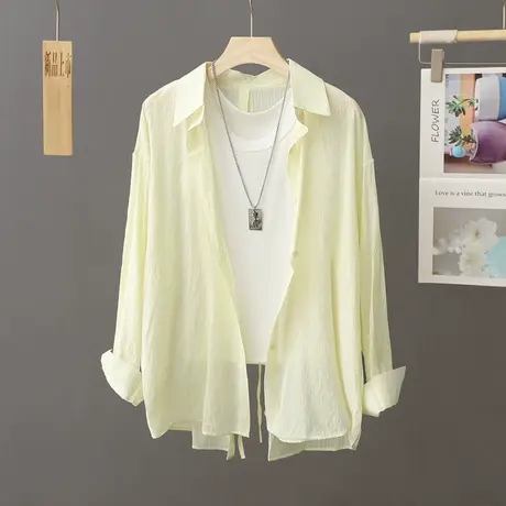 浅黄色后背系带微透防晒衬衫薄外套女宽松小众洋气防晒衣开衫衬衣商品大图