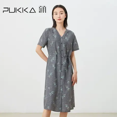 蒲PUKKA原创设计女装2023夏季新品法式V领显瘦气质短袖印花连衣裙图片