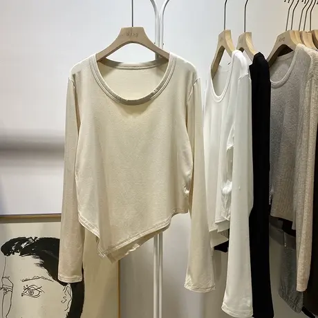 个性设计感圆领长袖T恤女早秋宽松百搭下摆不规则净版打底衫上衣商品大图