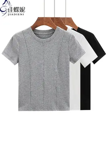 夏季新款韩版圆领压线设计纯色修身纯棉短袖上衣内搭女打底衫T恤图片