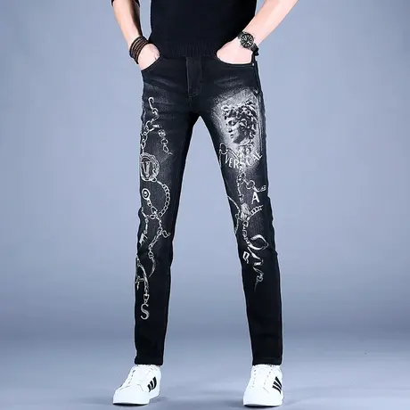 2023新款灰黑色印花牛仔裤男款百搭修身小脚裤子弹力休闲品牌高端图片