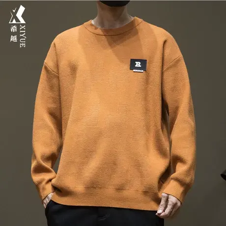 日系橙色针织毛衣男2023冬季保暖宽松大码男士慵懒感提花打底外套商品大图