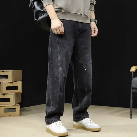 春秋牛仔裤男2024新款宽松直筒潮牌大码黑色拼接男款裤子阔腿男裤商品大图