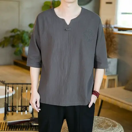 亚麻短袖t恤男夏季薄款中国风男装汉服加肥加大宽松胖子唐装半袖商品大图