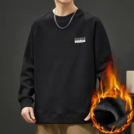 男装加绒加厚打底无帽圆领卫衣冬季2024新款美式长袖上衣服秋冬款商品大图