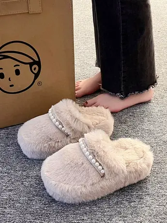 包头珍珠毛毛拖鞋女外穿2023年秋冬新款网红超火厚底坡跟懒人棉拖商品大图