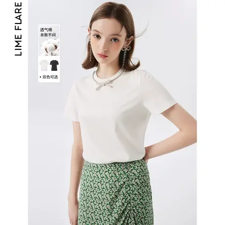 朗姿莱茵简约小众设计感2023夏季奥莱钻饰双色T恤纯棉镂空高级感图片