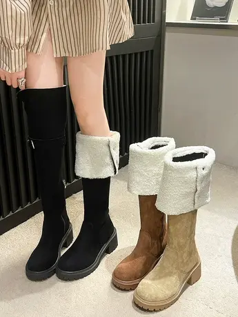 2023新款粗跟麂皮绒两穿高筒西部骑士靴复古铆钉显瘦过膝长筒靴女商品大图