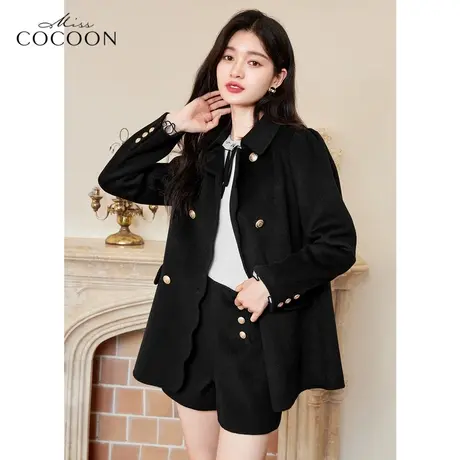 missCOCOON黑色双面毛呢外套女2022新款秋冬装宽松学院风羊毛大衣商品大图