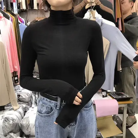 高领洋气黑色莫代尔洋气打底衫女上衣秋冬T恤内搭长袖2023年新款商品大图
