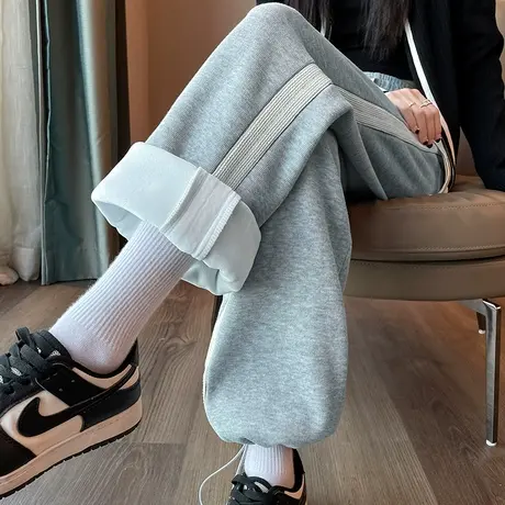 清仓灰色运动阔腿裤女秋冬季加绒卫裤高腰宽松休闲束脚两穿长裤子商品大图