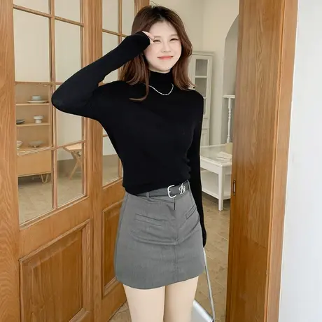 othermix纯色高领针织衫女2023秋冬新款基础百搭打底衫内搭短上衣商品大图