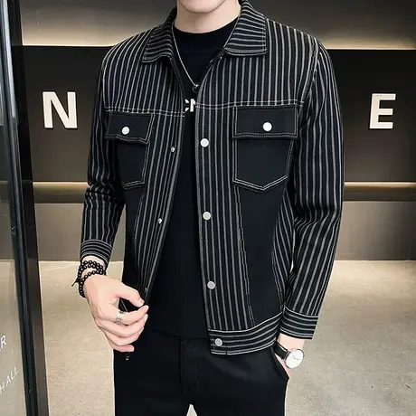 秋季夹克男装潮牌ins上衣2022新款青年痞帅炸街修身条纹拼色外套商品大图