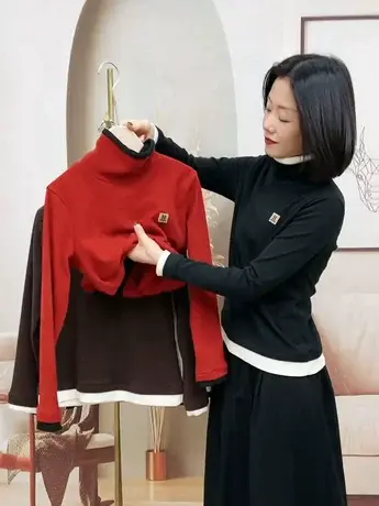 欧货时尚双面德绒打底衫女秋冬新款加厚长袖T恤高领撞色内搭上衣图片
