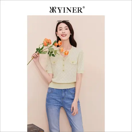 YINER音儿线上专选女装2023夏季法式短袖针织衫套头杏色上衣商品大图