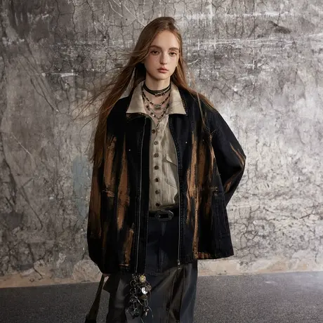 潮牌水洗做旧牛仔外套女春秋2024新款情侣装宽松oversize夹克上衣商品大图