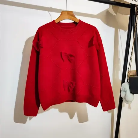 蝴蝶结毛衣女打底内搭秋冬2024新年红色宽松圆领长袖针织上衣外穿商品大图