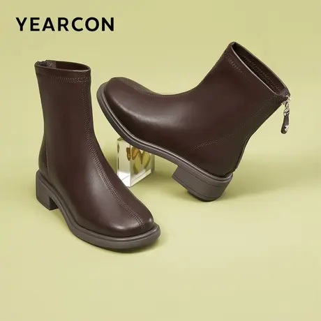 意尔康女鞋秋冬季粗跟短靴女士高级感短筒皮靴气质复古法式单靴图片