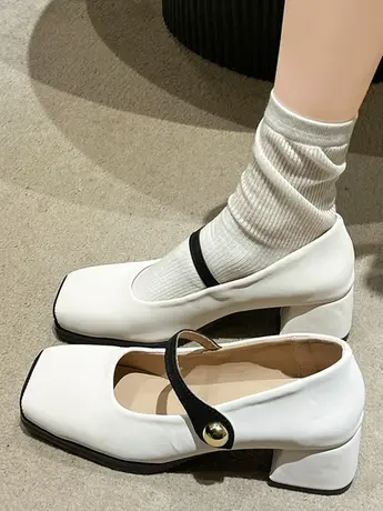 韩版百搭方头粗跟单鞋一字带浅口中跟鞋工作鞋秋季新款玛丽珍女鞋图片