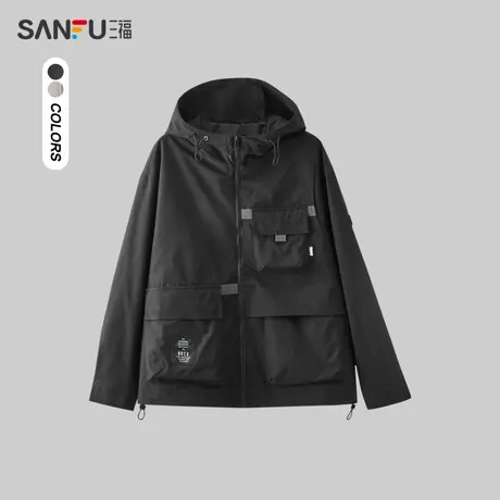 三福2024春季男士假两件夹克 潮流机能风拼接连帽外套男482471商品大图