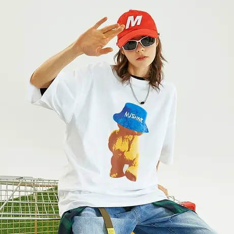 Nuthink欧美潮牌发泡立体3D小熊T恤男潮流大码短袖宽松半袖上衣商品大图