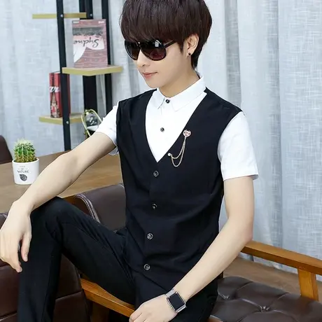 男士夏季短袖衬衫韩版潮流帅气夜场衬衣假两件理发型师一体马甲潮商品大图