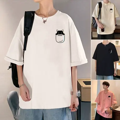 国潮港风夏季短袖t恤男潮牌2024新款纯棉宽松半袖卡通印花体恤衫商品大图