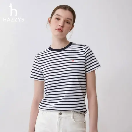 Hazzys哈吉斯奥莱时尚圆领条纹短袖T恤女士24夏新品休闲体恤上衣图片