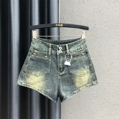 美式复古修身显瘦牛仔短裤热裤女2024夏季新款辣妹高腰a字阔腿裤商品大图