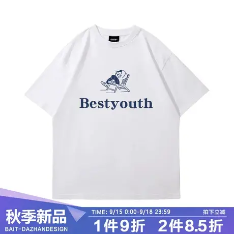 港风潮牌夏季休闲字母印花短袖t恤男新款纯棉宽松情侣装体恤半袖商品大图