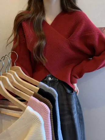 交叉设计感小众红色毛衣针织衫女秋冬温柔风洋气长袖v领打底上衣商品大图