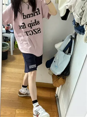 纯棉粉色设计感短袖t恤女夏季2023新款小众宽松半袖洋气减龄上衣商品大图