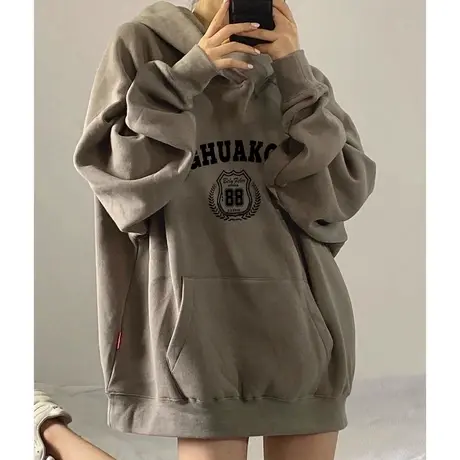 oversize美式复古连帽卫衣女春秋薄款宽松2024早秋季上衣外套潮牌图片