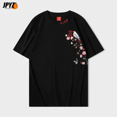 男士短袖t恤喜上眉梢刺绣纯棉圆领喜鹊印花半袖休闲国潮风体恤衫图片