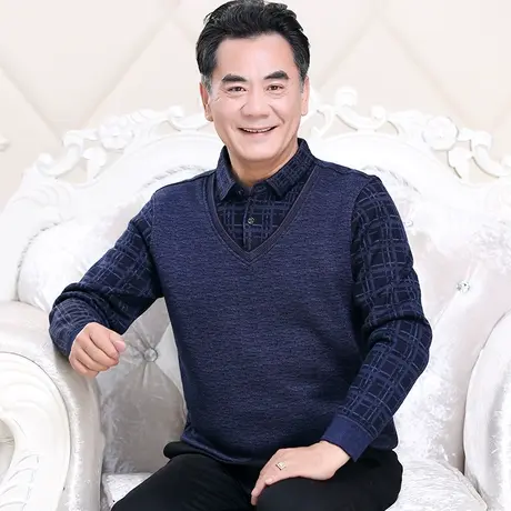 爸爸装毛衣加绒加厚款中年男士保暖上衣服2023秋冬季老年人假两件图片