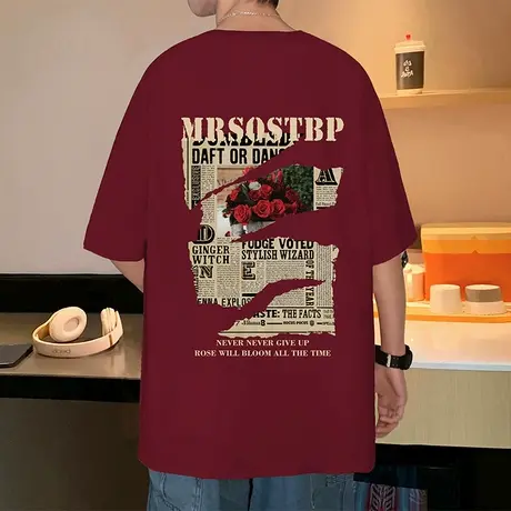 纯棉情侣短袖T恤男2024新款潮流复古玫瑰ins夏季宽松酒红色体恤衫商品大图