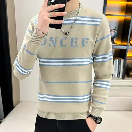 冬季男士毛衣套头韩版潮流百搭圆领条纹针织打底衫青少年学生线衣商品大图