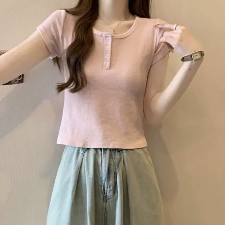 2024新款夏装短袖T恤女韩版修身洋气减龄打底衫小个子短款上衣服商品大图