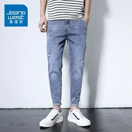 KZ真维斯春季破洞牛仔裤男士蓝色高端潮牌休闲男裤子春秋款春夏季商品大图