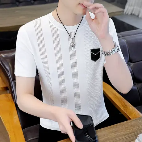 夏季薄款冰丝短袖T恤男士圆领网眼透气半袖体恤衫高端冰感上衣服商品大图