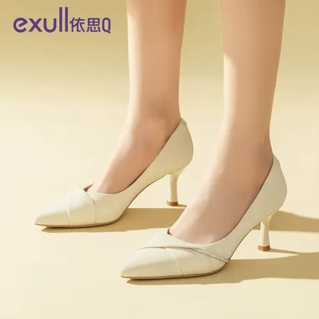依思q高跟鞋女鞋法式2024春季新款细跟白色单鞋尖头工作通勤鞋子图片